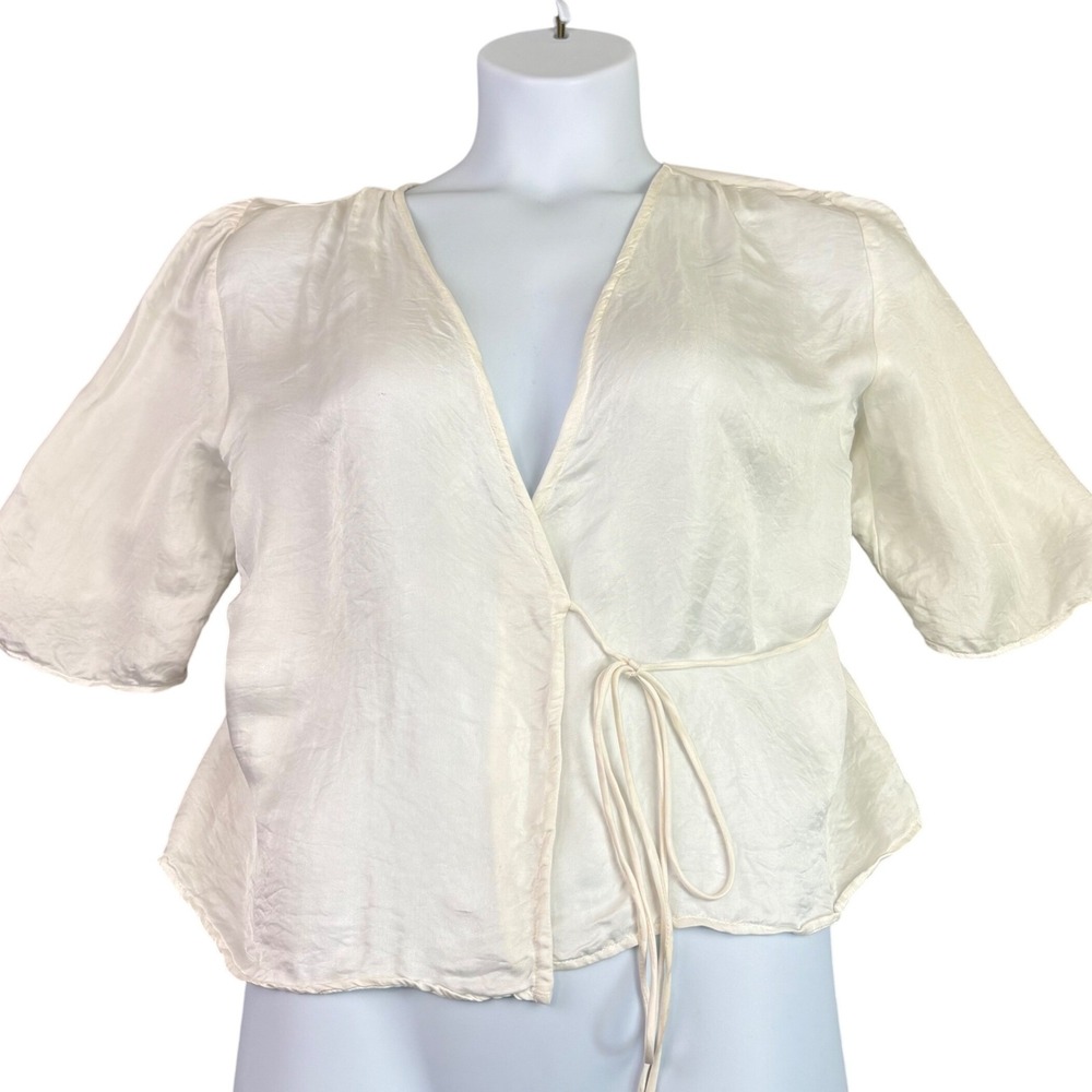 Chan Luu Large Ivory Silk Blend Wrap Top Puff Sleeve V-Neck Romantic Fairy Boho